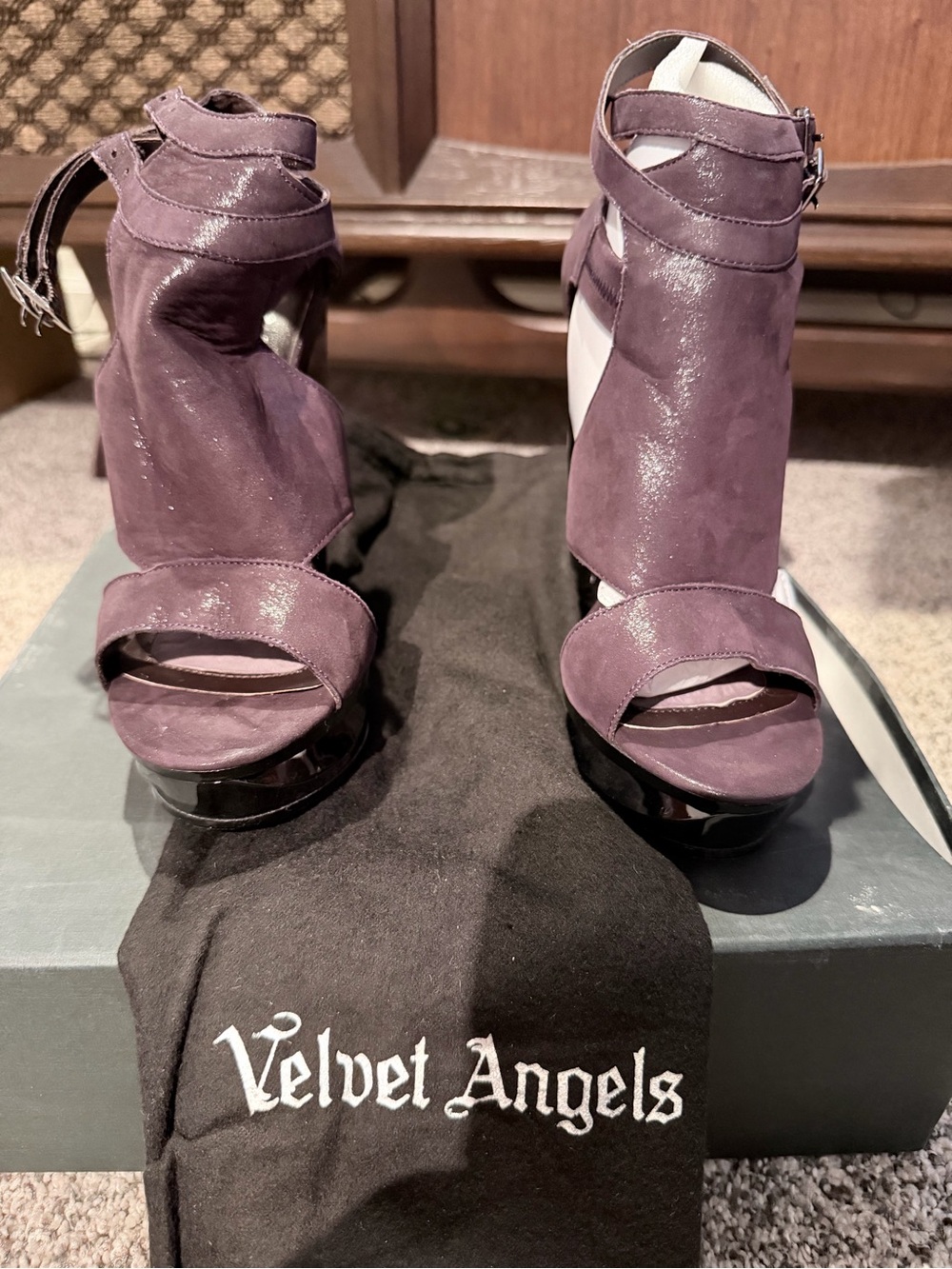 Velvet Angels Plum Suede Platform Ankle-Strap Heels